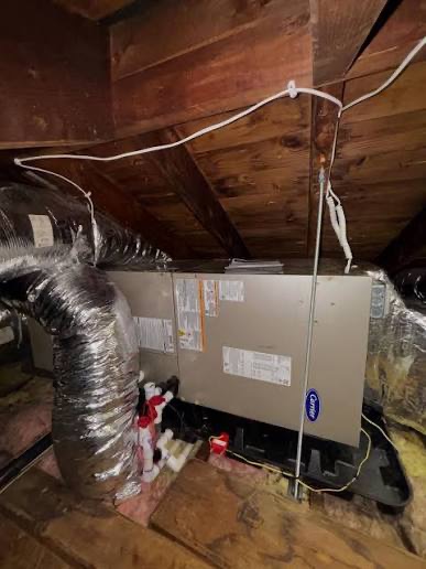 A residential Carrier air handler in an attic — clean and properly maintained