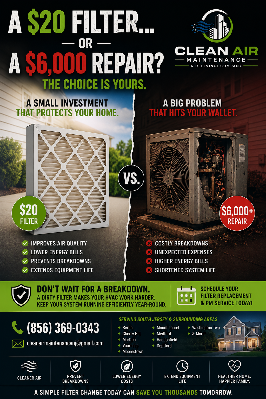 A $20 filter or a $6,000 repair? Clean Air Maintenance — call (856) 369-0343